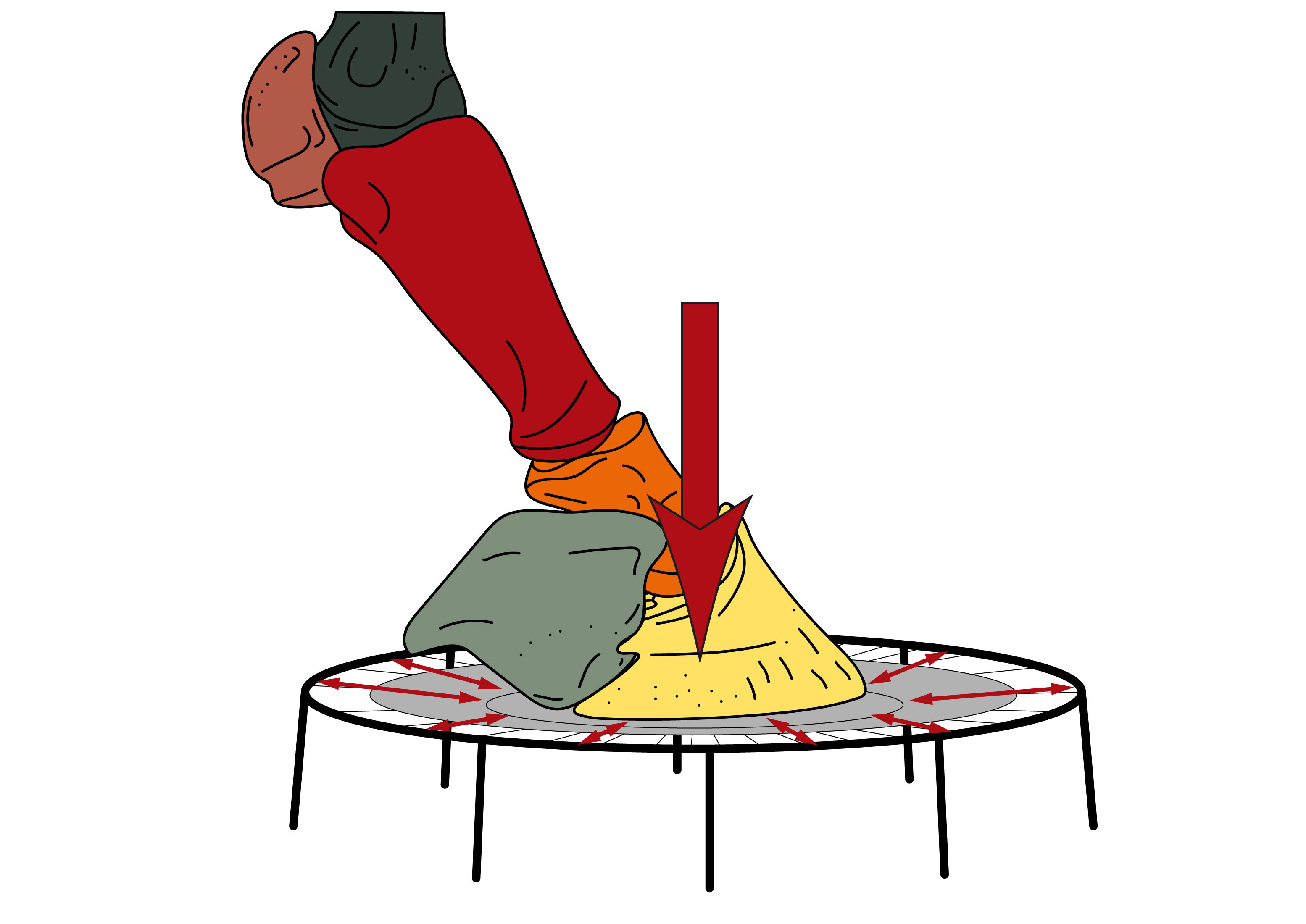 Illustration eines Hufes mit einem Trampolin anstatt mit Hufbeinträger und Hornkapsel während der Lastaufnahme, zur Verdeutlichung der Funktionsweise